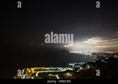 Cityscape of a European city, with a beautiful view from the mountains. Tourist location at the coast just after sunset, with a starry sky Stock Photo