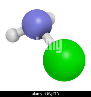 Chloramine (monochloramine) disinfectant molecule. 3D rendering.  Readily decomposes, resulting in hypochlorous acid formation. Atoms are represented  Stock Photo