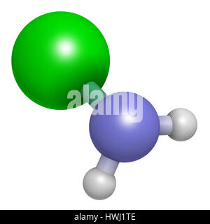 Chloramine (monochloramine) disinfectant molecule. 3D rendering.  Readily decomposes, resulting in hypochlorous acid formation. Atoms are represented  Stock Photo