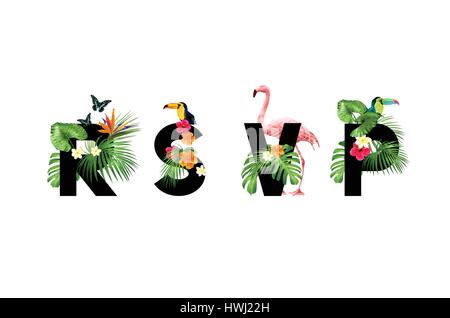 R.S.V.P invitation card with tropical palm leaves and floral elements. Vector illustration. Stock Vector