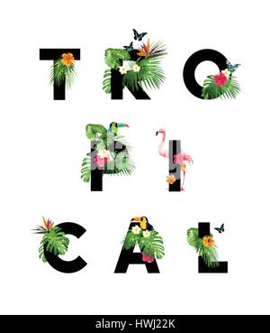Tropical themed lettering type with jungle palms and wildlife. Vector illustration Stock Vector