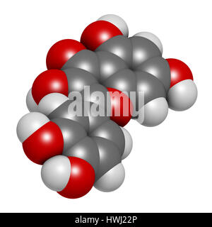 Quercetin plant molecule. 3D rendering.  Atoms are represented as spheres with conventional color coding: hydrogen (white), carbon (grey), oxygen (red Stock Photo