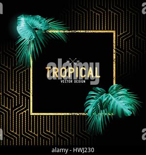 Vintage tropical border design with palm leaves and gold detail. Vector illustration Stock Vector