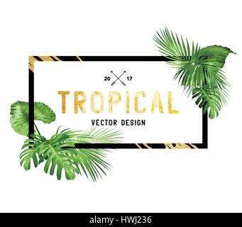 Black and gold tropical border frame design with various plam leaves. Vector illustration Stock Vector