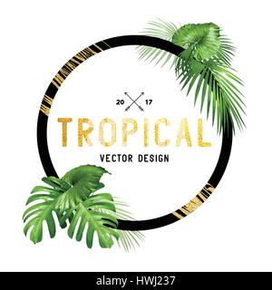Black and gold tropical border frame design with various plam leaves. Vector illustration Stock Vector