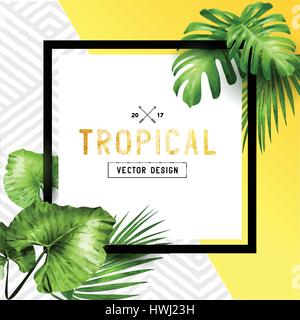 Exotic tropical summer frame with palm leaves and patterned background. Vector illustration Stock Vector