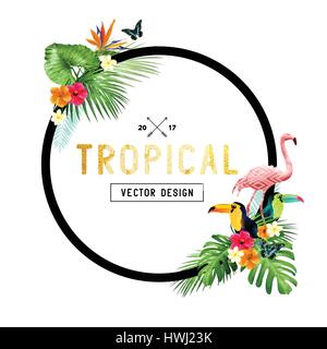 Colourful and vibrant tropical border design with flowers, palm leaves ...