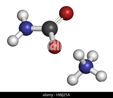 Ammonium carbamate, chemical structure. 3D rendering. Atoms are represented as spheres with conventional color coding: hydrogen (white), carbon (grey) Stock Photo