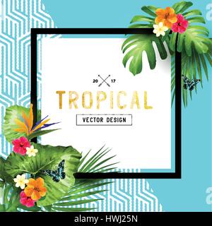 Colourful and vibrant tropical border design with flowers, palm leaves and butterflies. Vector illustration Stock Vector