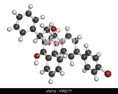 Bromadiolone rodenticide molecule (vitamin K antagonist). 3D rendering. Atoms are represented as spheres with conventional color coding: hydrogen (whi Stock Photo