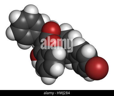 Bromadiolone rodenticide molecule (vitamin K antagonist). 3D rendering. Atoms are represented as spheres with conventional color coding: hydrogen (whi Stock Photo