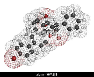 Bromadiolone rodenticide molecule (vitamin K antagonist). 3D rendering. Atoms are represented as spheres with conventional color coding: hydrogen (whi Stock Photo