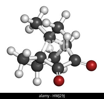 Camphorquinone visible-light photoinitiator molecule. 3D rendering. Atoms are represented as spheres with conventional color coding: hydrogen (white), Stock Photo