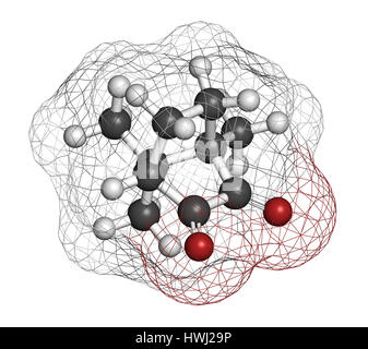 Camphorquinone visible-light photoinitiator molecule. 3D rendering. Atoms are represented as spheres with conventional color coding: hydrogen (white), Stock Photo