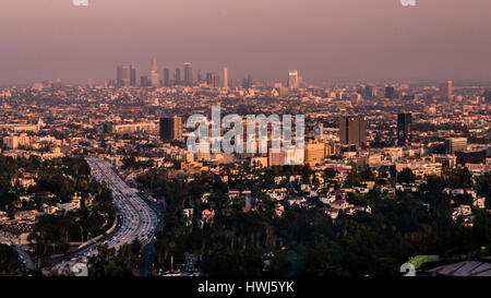 Hollywood and Downtown Los Angeles seen from Hollywood Bowl overlook, Mulholland Drive, Los Angeles, California. Stock Photo