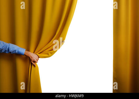 hand open yellow curtain Stock Photo