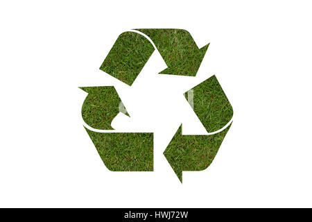 Recycle symbol with real grass texture, isolated on white background, clipping path included.Easy to replace content Stock Photo