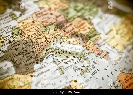 close-up macro photograph of map  Italy .Selective focus on Italy Stock Photo