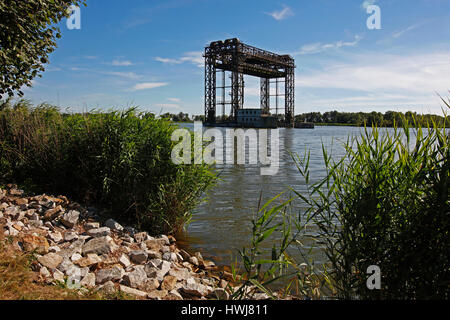 Karnin Lift Bridge, HubbrÃ¼cke karnin, railway bridge over the Peenestrom estuary, destroyed in 1945, Mecklenburg-West Pomerania, Germany Stock Photo