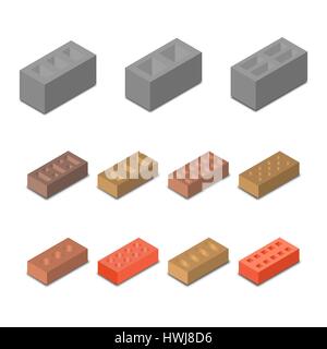 Set isometric icon construction materials, various in form cinder blocks and bricks isolated on white background, vector illustration. Stock Vector