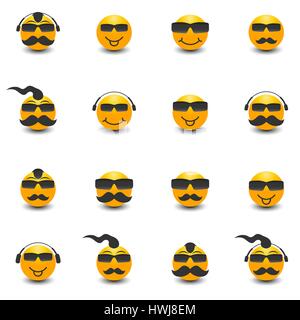 Funny face with a mustache, sunglasses, headphones, isolated on white background, vector illustration. Stock Vector