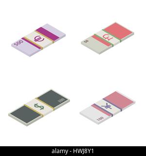 Set the stack of paper money world currencies, isolated on a white background. Dollar symbol, euro, pound and yuan. Isometric style, vector illustrati Stock Vector