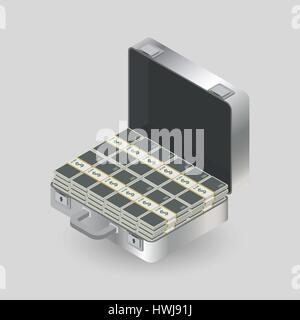Opened aluminum case with bundles of money, isolated on a gray background. Isometric style, vector illustration. Stock Vector