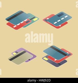 Set of plastic cards in different projections. Financial icons isometric style, vector illustration. Stock Vector