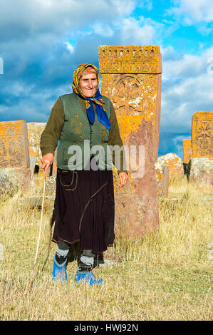 Medieval Khachkars carved memorial stele, Noratus cemetery, Sevan Lake, Gegharkunik province, Armenia, Caucasus, Middle East, Asia, For editorial use only Stock Photo
