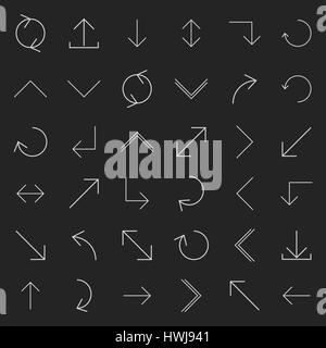 Set of arrows and pointers of various forms of thin lines, isolated on black background, vector illustration. Stock Vector