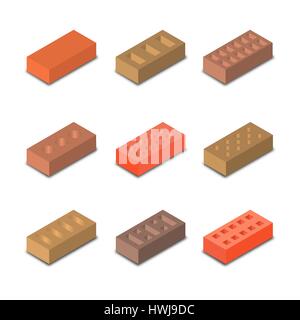 Set of nine different shapes isometric bricks, design elements construction materials, isolated on a white background, vector illustration. Stock Vector