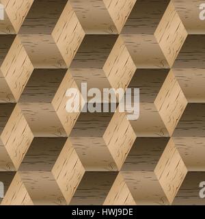 Abstract background, seamless pattern of isometric cubes, repeating wooden texture, vector illustration. Stock Vector