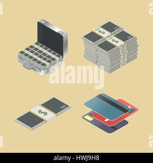 Set of financial icons isometric style, isolated on a yellow background, vector illustration. Stock Vector
