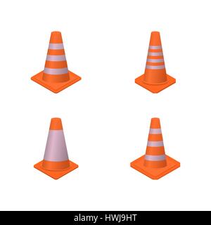 Set of different cone signs road repairs in an isometric style, isolated on white background. Design elements for the reconstruction, vector illustrat Stock Vector