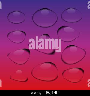 Transparent water drops of different shapes on a red-blue gradient background, vector illustration. Stock Vector