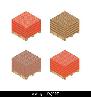 Wooden pallets with different bricks, isolated on white background. Building materials design elements. Flat 3D isometric style, vector illustration. Stock Vector