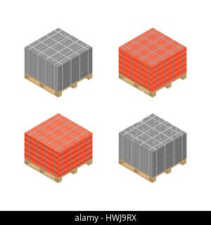 Wooden pallets with various blocks and bricks isolated on white background. Building materials design elements. Flat 3D isometric style, vector illust Stock Vector