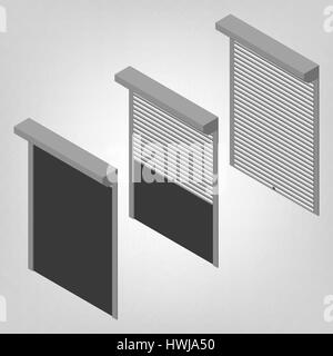 Steel security shutters for windows, doors and garage on a white background. Exterior design elements. Flat 3D isometric style, vector illustration. Stock Vector
