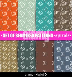 Set of abstract multicolored seamless background, repeating texture of square spirals, vector illustration. Stock Vector