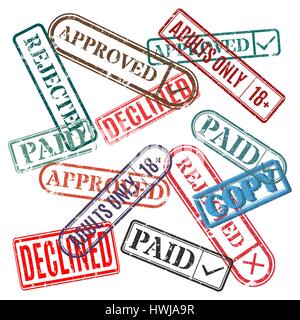 Collection of various grunge rubber stamp, isolated on white background, rectangular shape, vector illustration. Seal approved, rejected, paid, copy,  Stock Vector