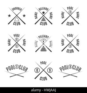 Set of nine different types of emblems billiards, pool, snooker, isolated on white background in retro style, vector illustration. Stock Vector