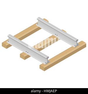 Railroad tracks with wooden sleepers isolated on white background. Flat 3D isometric style, vector illustration. Stock Vector