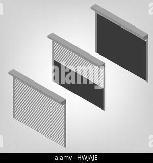 Steel security shutters for windows, doors and garage on a white background. Exterior design elements. Flat 3D isometric style, vector illustration. Stock Vector