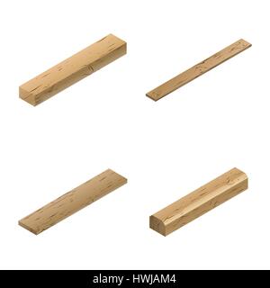 Set of wooden elements , block, plank, board and sleeper. Isolated on white background, flat 3D isometric style, vector illustration. Stock Vector