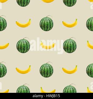 Seamless fruit background, repeating texture with set of photorealistic yellow banana and green watermelon, vector illustration. Stock Vector
