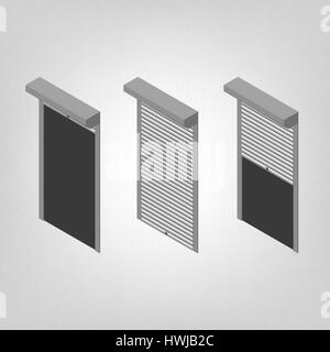 Steel security shutters for windows, doors and garage on a white background. Exterior design elements. Flat 3D isometric style, vector illustration. Stock Vector