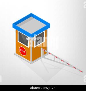 Security lodges with mechanical barriers and video surveillance cameras isolated on white background. Flat 3D isometric style, vector illustration. Stock Vector