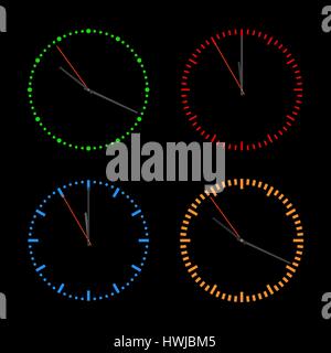 Round bright dials for clock with arrows isolated on black background, vector illustration. Stock Vector