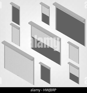Steel security shutters for windows, doors and garage on a white background. Exterior design elements. Flat 3D isometric style, vector illustration. Stock Vector