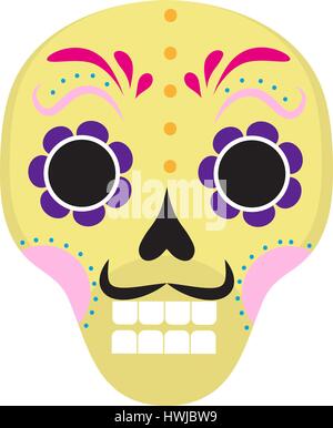 Sugar skull icon, flat, cartoon style. Cute dead head, skeleton for the Day of the Dead in Mexico. Isolated on white background. Vector illustration, clip art. Stock Vector